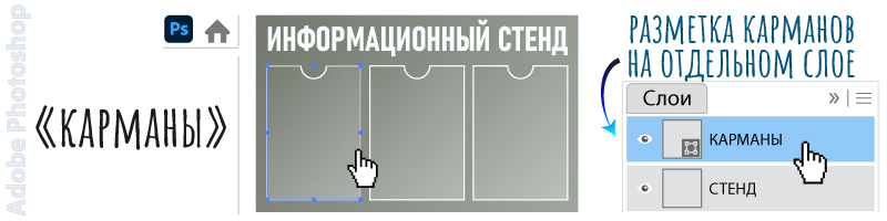 Разметка карманов информационного стенда на отдельном слое в Adobe Photoshop
